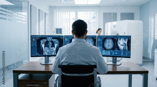 Radiologist examining medical scans on computer monitors in a modern hospital clinic