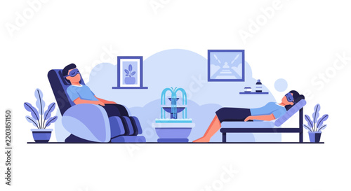 Relaxing People in Modern Wellness Spa Sensory Room with Massage Chair Illustration