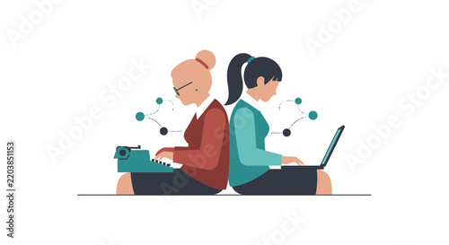 Generational technology gap illustration with senior woman using typewriter and young woman using laptop, back to back on white background.
