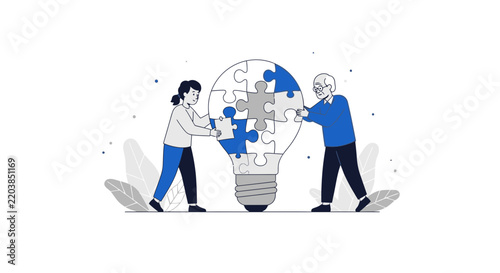 Intergenerational Teamwork and Creative Innovation Illustration with Lightbulb Puzzle Concept