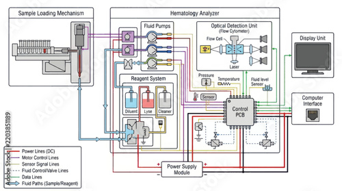 Technical diagram of blood cell analysis system with detailed components and flowchart