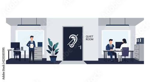 Modern Office Illustration with Soundproof Quiet Room and Private Workspaces