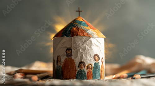 Paper church with painted people and glowing light behind religious symbol