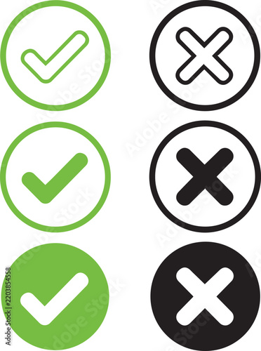 Set of green check marks and black cross icons isolated on white background, for user interface tick