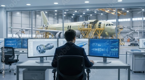 Aerospace engineer working on CAD software designs for aircraft maintenance in a hangar