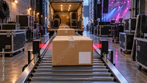 Conveyor belt with boxes in a venue during setup for an event