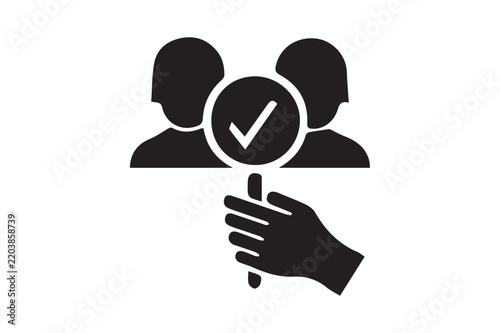 Approved Candidate Selection Icon Hand Holding Check Mark with Two People Silhouette.
