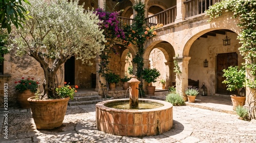 Moroccan riad courtyard with green mosaic tile pool and arches