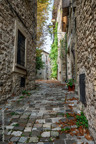 Historic stone alley with autumn leaves in Pennabilli