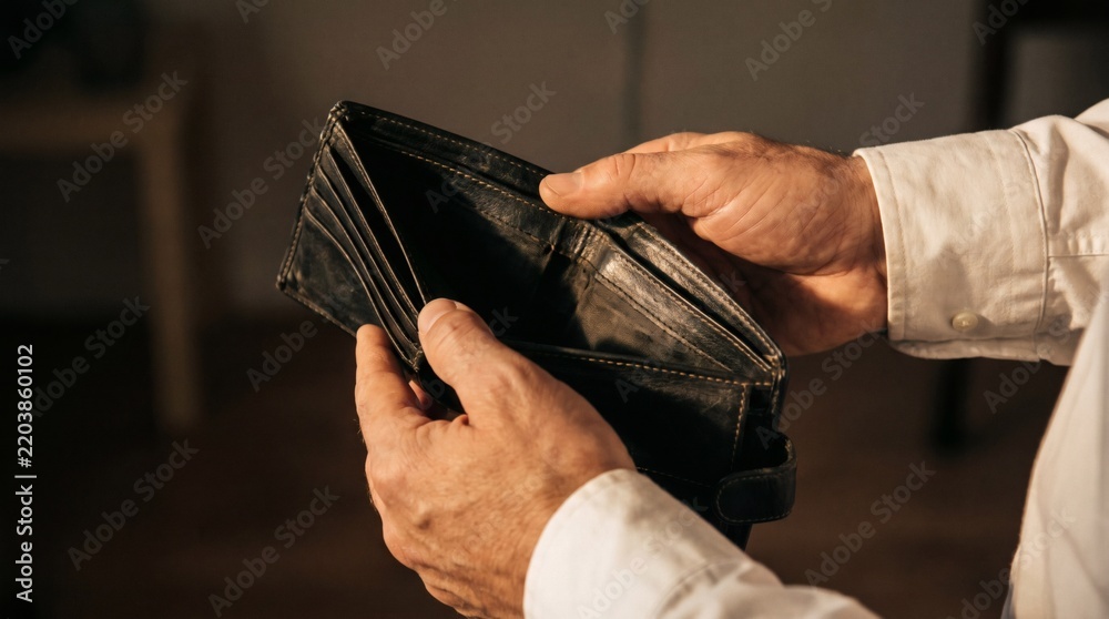 Fototapeta premium Close Up of Hands Opening Empty Black Leather Wallet Representing Financial Crisis and Poverty
