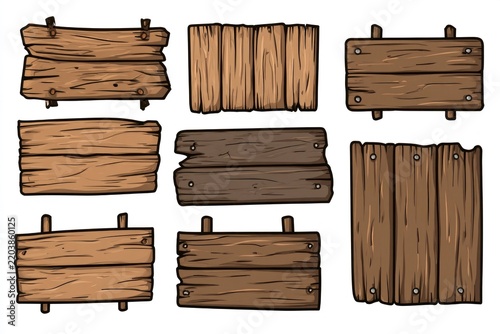 Set of cartoon wooden signs and boards of various shapes isolated on a white background