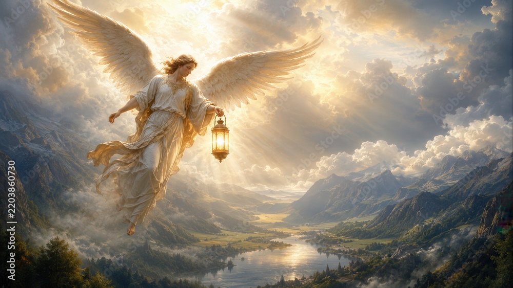 Obraz premium Guardian angel carrying a glowing lantern above a peaceful mountain valley under heavenly light