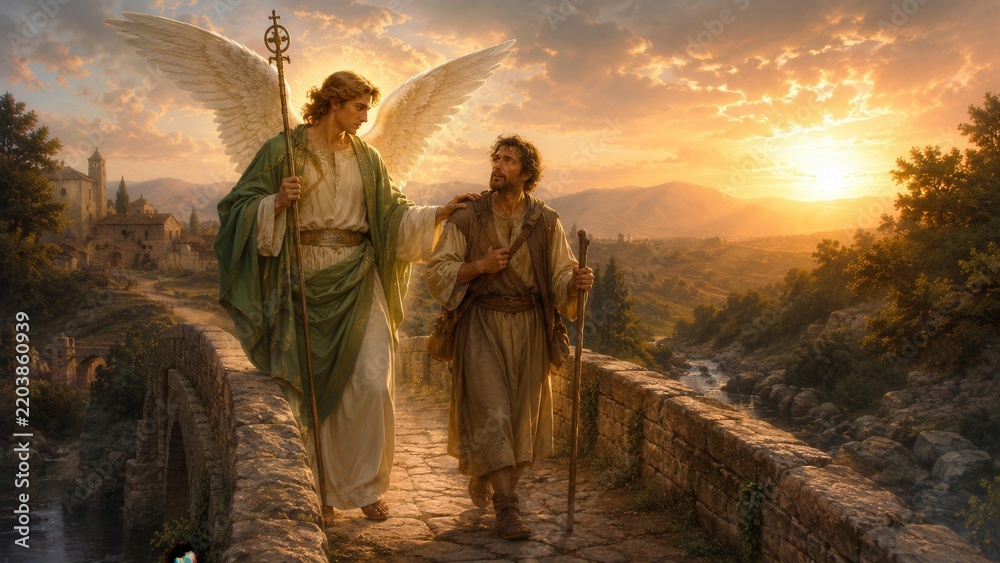 Obraz premium Guardian angel guiding a traveler across an ancient stone bridge at sunset in a scene of faith and hope