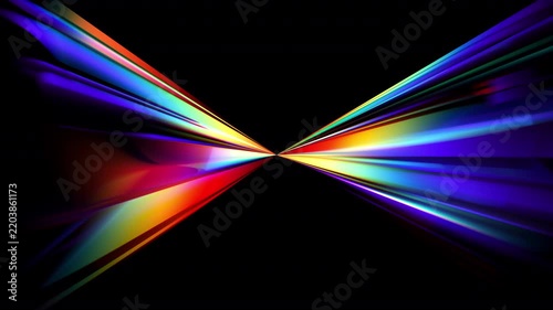 Rotating glass prisms scattering vivid spectral light across black background and creating rainbow dispersion. Sharp triangular luminous beams combining symmetry, geometry and motion. Seamless loop 4K