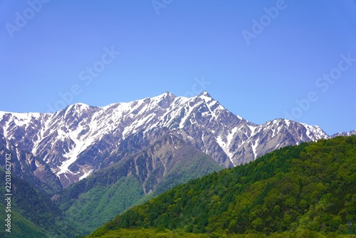 北アルプス　残雪の鹿島槍ヶ岳と新緑の里山
