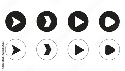 Play Button Arrow Icons Set, Forward and Next Symbols in Circle for Media Controls and Interface Navigation