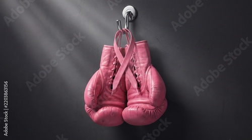 Pink Boxing Gloves with Awareness Ribbon Hanging on Dark Wall for Breast Cancer Support Concept
