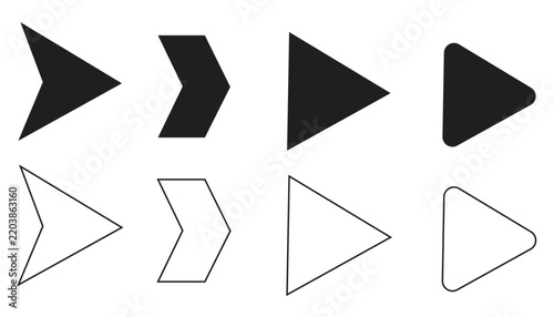 Play Arrow Icons Set, Forward Direction Symbols in Solid and Outline Styles for Media Controls and Interface Buttons