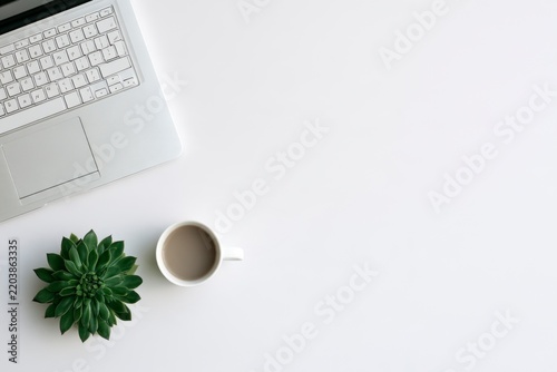 Minimalist workspace top view with laptop, coffee cup and succulent plant on white background with copy space