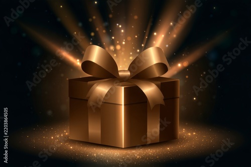 Luxury bronze gift box with elegant bow and magical glowing light rays on dark background