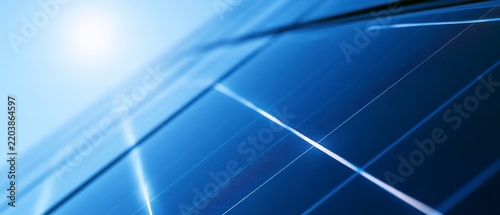 Abstract Close-up of Blue Solar Panel Cells with Bright Sunlight Glare, Renewable Energy Concept