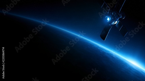 Satellite Orbiting Planet Earth in Outer Space with Glowing Horizon and Stars, Global Communication Technology Concept