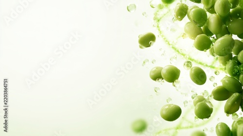 Fresh green peas floating in water with DNA double helix background, concept of biotechnology and genetic engineering in food