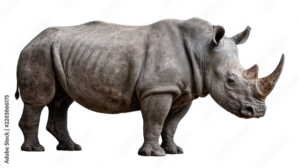 Obraz premium Massive grey rhinoceros with large horn, isolated on transparent background