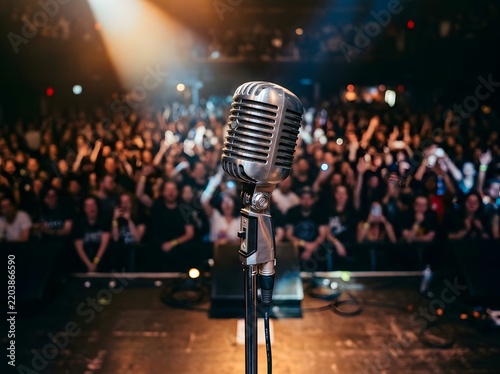 Vintage microphone on stage with a blurred crowd and dramatic stage lighting during a live concert performance