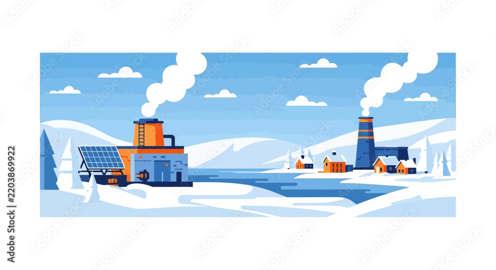 Fototapeta premium Industrial Power Plant and Solar Energy in Winter Flat Illustration