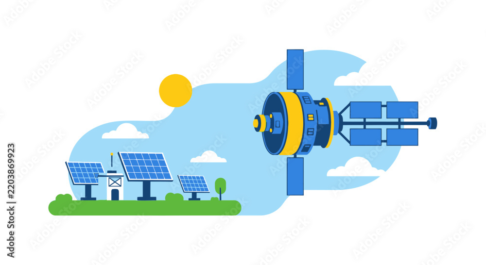 Obraz premium Flat Vector Illustration of a Satellite and Solar Power Ground Station