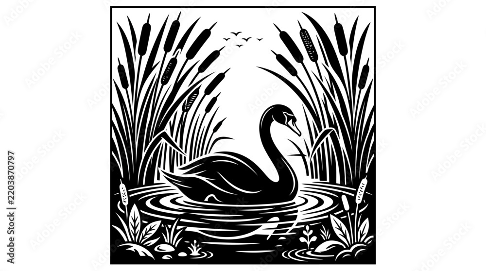 Fototapeta premium Black swan swimming peacefully in a serene lake surrounded by tall reeds and cattails in a classic woodcut linocut linocut illustration style