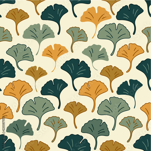 Ginkgo Leaf Pattern in Ochre Sage Green and Deep Teal