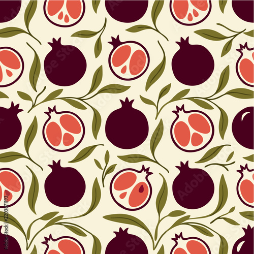 Burgundy Pomegranate Pattern with Fruit Halves and Green Leaves