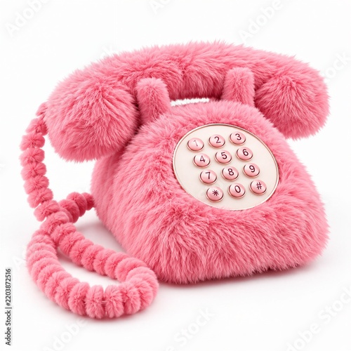 Cute Pink Fluffy Retro Telephone with Rotary Dial Isolated on White