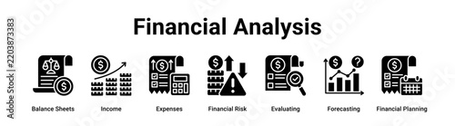 Financial Analysis web banner icon vector illustration concept for business with icon of Balance Sheets, Income, Expenses, Financial Risk, Evaluating, Forecasting.