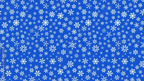 Dense pattern of white snowflakes on a solid bright blue background, repeating winter holiday texture