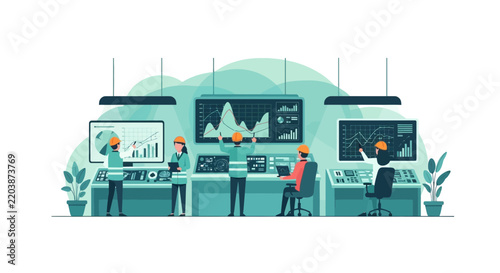 Engineers in Industrial Control Room Monitoring Data Dashboards and Analytics Illustration