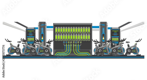 Sustainable Fitness Center Vector Illustration: Stationary Bikes Generating Renewable Energy for Battery Storage System