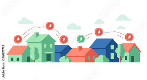 Flat Illustration of Peer-to-Peer Energy Sharing Between Houses in a Smart Neighborhood