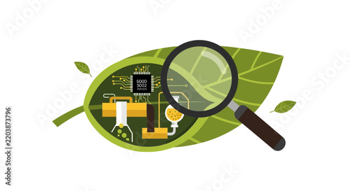 Biotechnology Concept with Microchip and Industrial System inside Green Leaf under Magnifying Glass