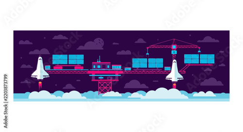 Futuristic Spaceport and Shuttle Launch Station Vector Illustration
