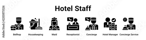 Hotel Staff web banner icon vector illustration concept for business with icon of Bellhop, Housekeeping, Maid, Receptionist, Concierge, Hotel Manager.