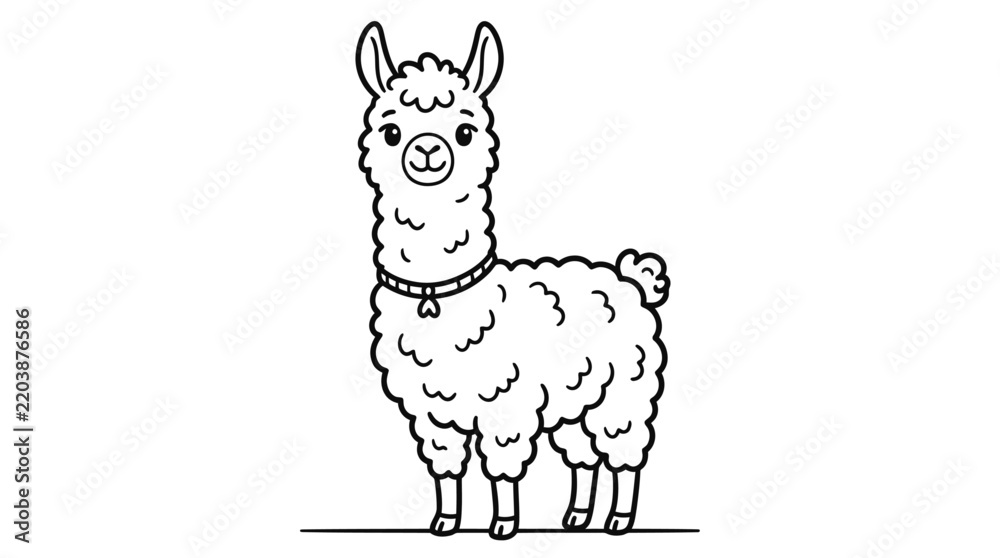 Fototapeta premium Cute llama drawing in a simple black and white line art style for kids coloring book page