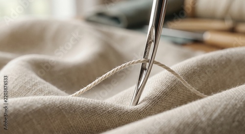 Macro close-up of a sewing needle threaded with white cotton on natural linen fabric. Precision craftsmanship, tailoring, textile work and handmade sewing concept with soft neutral tones.