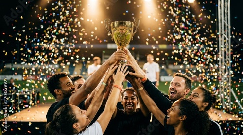 A team celebrating with the championship trophy after winning the big game, with confetti raining down