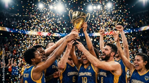 A team celebrating with the championship trophy after winning the big game, with confetti raining down