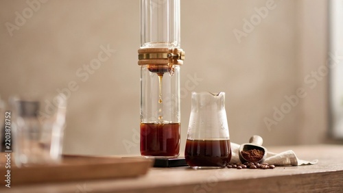Glass cold drip coffee maker extracting fresh beverage drops into a transparent carafe on wood with extraction tower dripping grounds wooden tabletop
