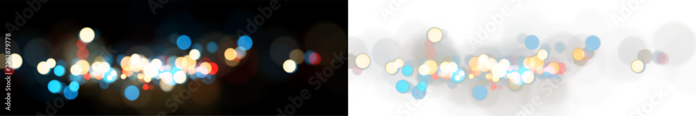 Fototapeta premium Bokeh light circles vector banner. Abstract glowing blur dots background set on black and white. Festive illumination decorative element
