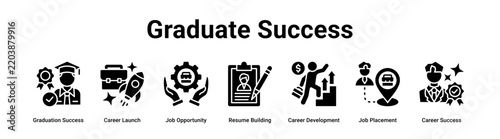Graduate Success web banner icon vector illustration concept for business with icon of Graduation Success, Career Launch, Job Opportunity, Resume Building, Career Development, Job Placement.